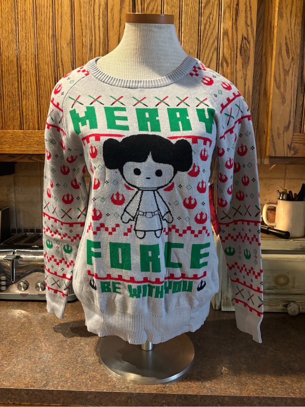 ⭐️Star Wars Gray Crewneck Sweater with Green & Red 'Merry Force' Graphic